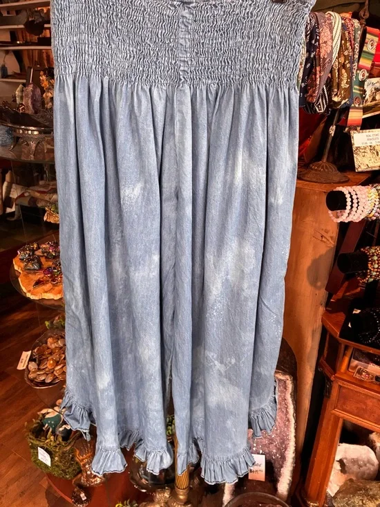 Light Blue Floral-Accent Wide Leg Smocked Waist Pants - Picture 5 of 5